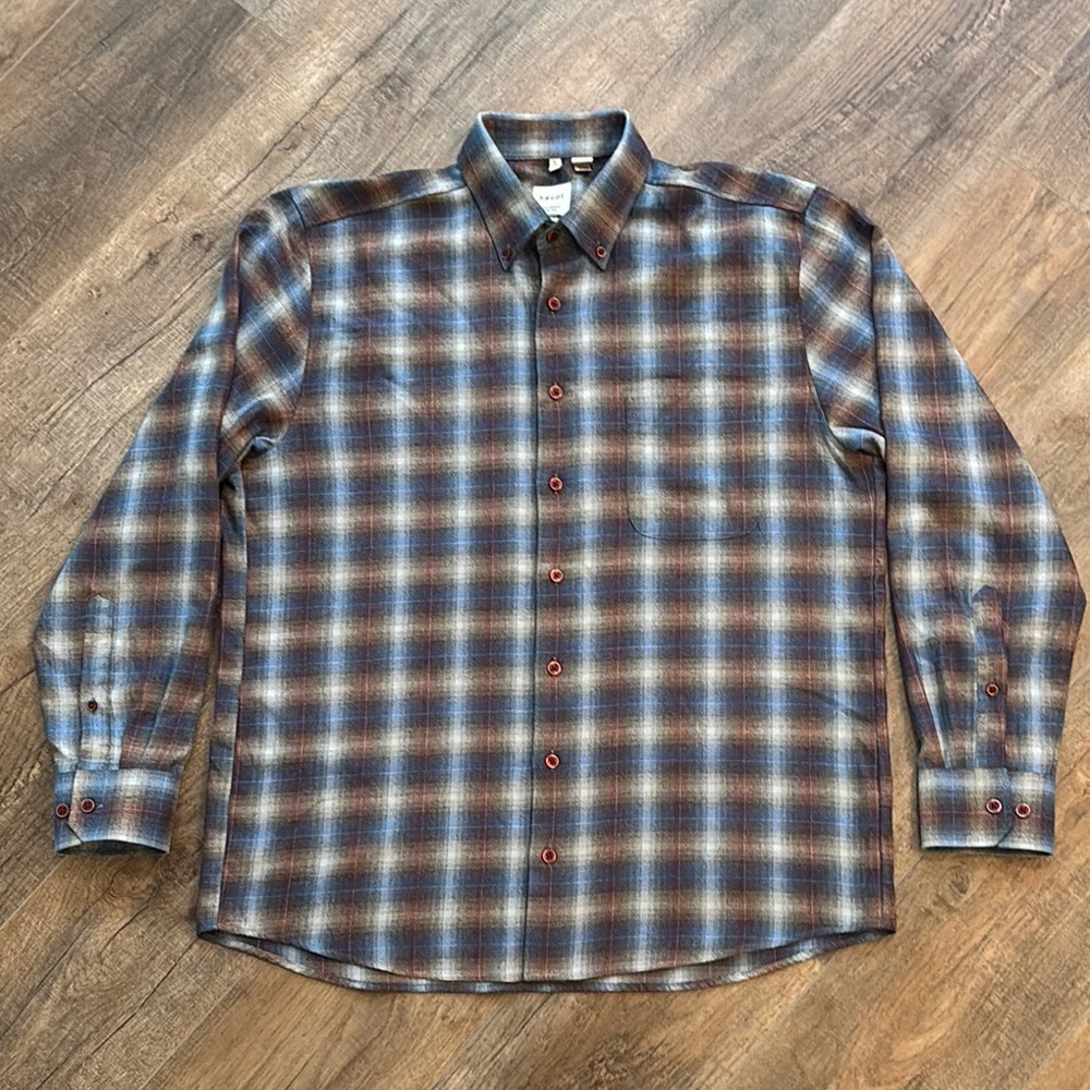 Haupt Germany Men’s Size L‎ Regular Fit Blue and Brown Casual Plaid Flannel